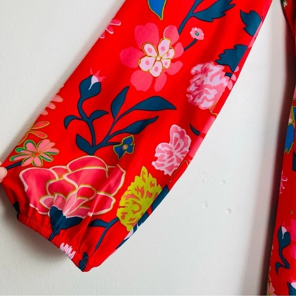 J. Crew vibrant red floral faux wrap top  mini dress. Size 2